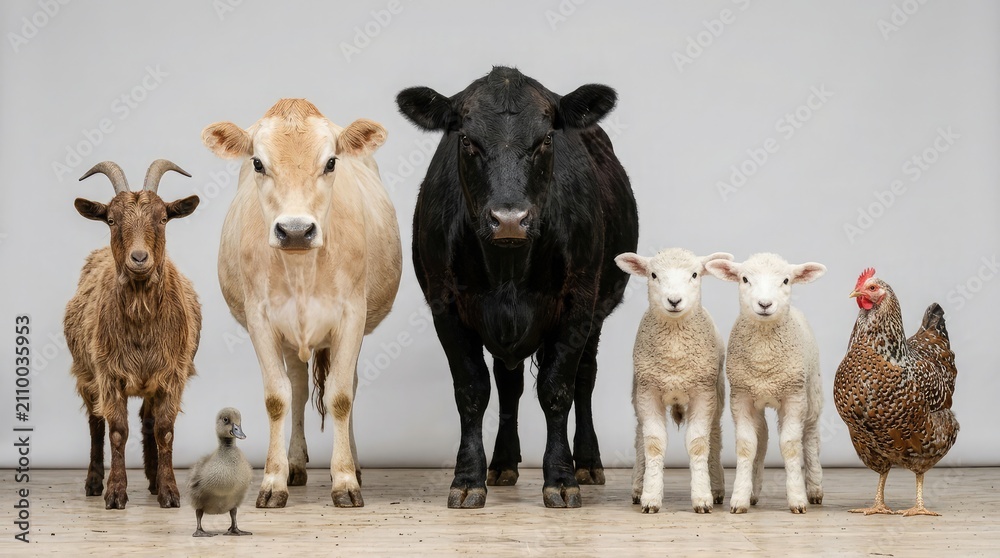 Fototapeta premium A diverse group of farm animals including a cow goat sheep and chicken standing together against a plain background