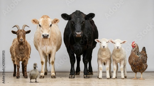 A diverse group of farm animals including a cow goat sheep and chicken standing together against a plain background