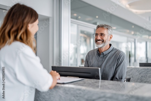 A bank employee is helping a client at the service desk. The client appears happy as they discuss needs. The branch is bright and busy during the day