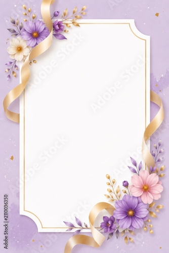 Floral frame with purple flowers and ribbons. Elegant wedding invitation card template.