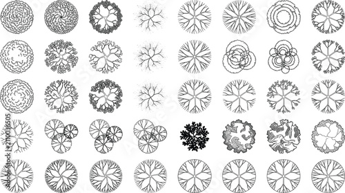 Tree top view outline collection with architectural landscape plan symbols and canopy vector set