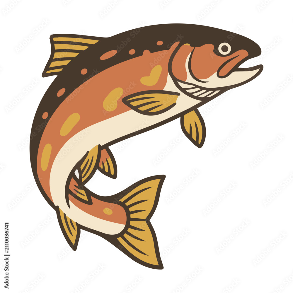 Fototapeta premium Leaping trout in a minimalist flat style with bold geometric shapes isolated on a white background nature and wildlife design concept