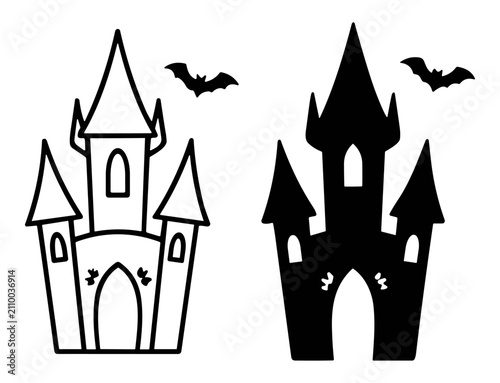 Фотография Black and white spooky castle silhouettes with flying bats, Halloween and haunte