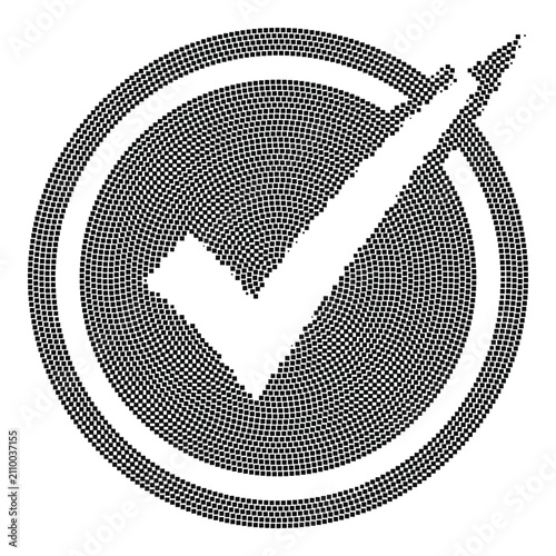 Approved check mark icon inside circle created with square halftone dots