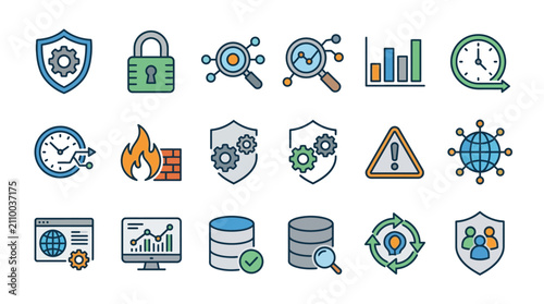 Creative Colorful Icons Set Featuring Security Data Analysis Network and System Maintenance Concepts