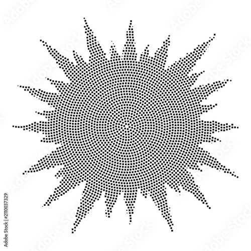 Abstract sun burst radial star symbol in square halftone dot pattern