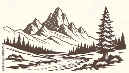 Mountain valley forest landscape with river in monochrome mountain landscape