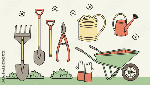 Garden maintenance equipment and gardening tools collection with gardening