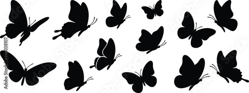 Set of black butterfly vector silhouettes featuring delicate flying insects in various angles