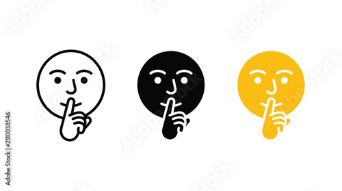 Quadro su tela Silence and quiet icon set showing face with finger gesture in black, yellow, an