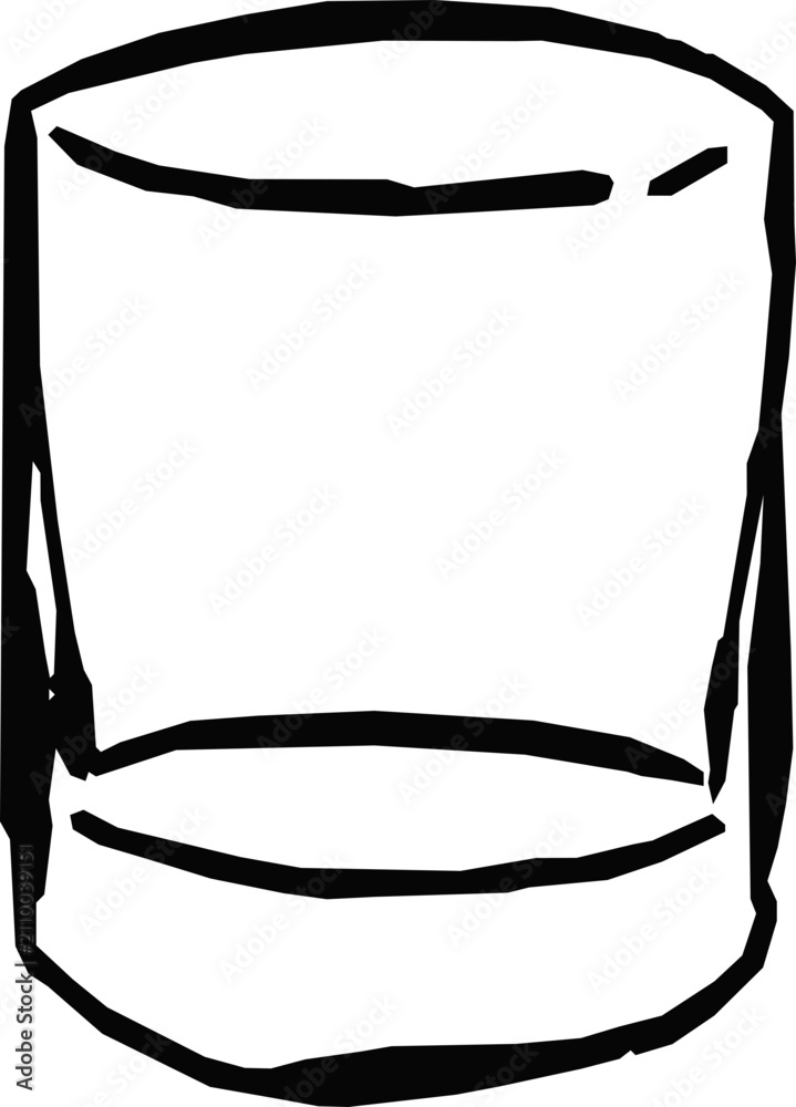 Fototapeta premium Hand drawn stemless tumbler glass with simple cylindrical shape in clean black line art, drinkware illustration for restaurant, bar, and kitchen designs