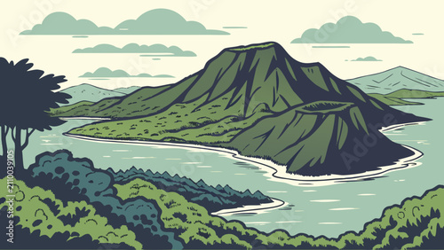 Vászonkép Graphic illustration of a volcanic island in a serene lake landscape