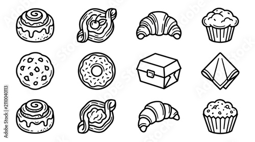 Fotografie Hand-drawn bakery icons: cinnamon rolls, pastries, croissants, muffins, cookies,