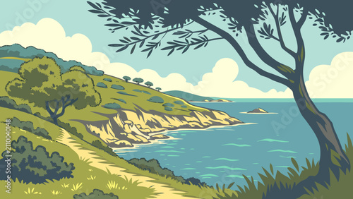 Foto Coastal landscape graphic featuring a scenic ocean shoreline and path, landscape