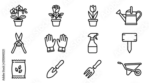 Obraz na płótnie Gardening Tools and Plants Icons Set: Orchid, Rose, Tulip, Watering Can, Pruners