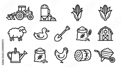 Fotografie Farm Icons Set: Tractor, Silo, Corn, Sheep, Duck, Chicken, Barn, Hay Bale, Tools