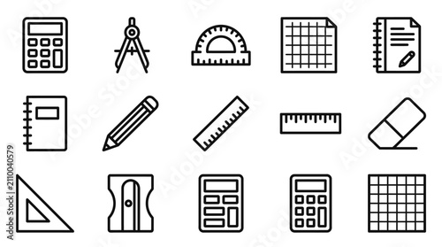 Fotografía School Supplies Icons Set: Math Tools, Drawing Instruments, Stationery, and Offi