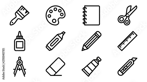 Art Supplies Icons Set: Paintbrush, Palette, Scissors, Pencil, Ruler & More