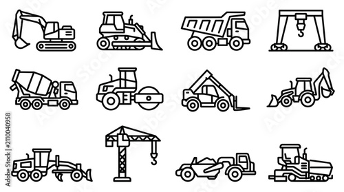 Fotografie Construction Vehicle Icons Set: Heavy Machinery, Trucks, Cranes, Excavator, Bull