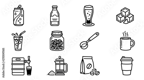 Cuadro en lienzo Coffee and Drinks Icons: Soda, Beer, Ice, Beans, French Press, Cup, Keg