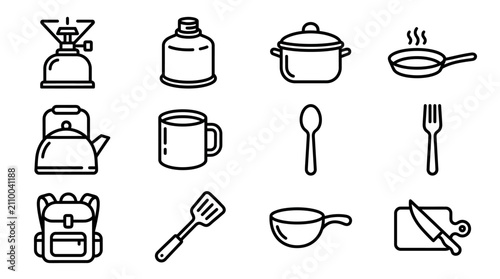 Camping Kitchenware Icons Set: Stove, Pot, Pan, Kettle, Utensils, Backpack