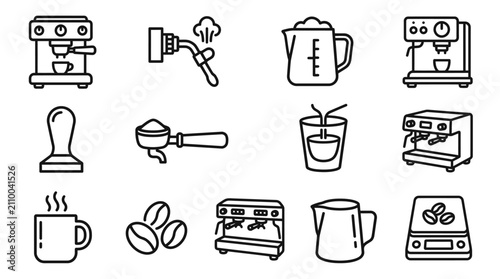 Photos Coffee Machine Icons Set: Espresso Maker, Grinder, Kettle, Cup, Beans, Tamper