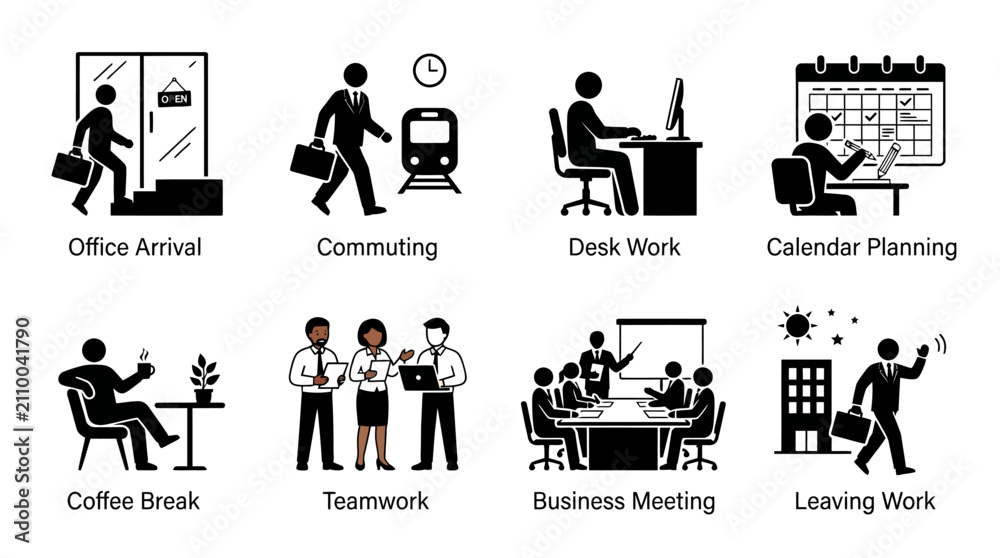 Obraz premium Illustrated icons of daily office work activities.