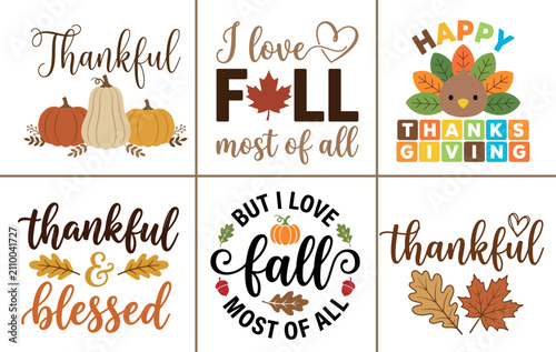 Thanksgiving and Autumn quotes vector bundle set. Fall typography collection featuring 