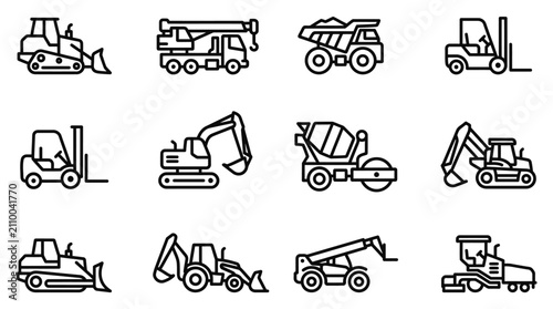 Fotografie Construction Vehicles Icons Set: Bulldozer, Crane, Dump Truck, Forklift, Excavat