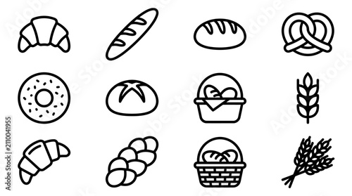 Fotografie Bakery Icons: Croissant, Baguette, Pretzel, Donut, Bread, Wheat, Basket - Vector