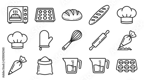 Photos Baking Ingredients and Tools Icons: Oven, Bread, Whisk, Rolling Pin, Chef Hat, M
