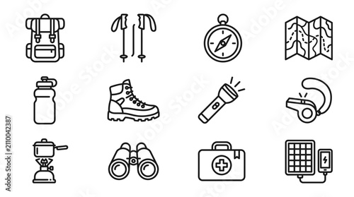 Foto Outdoor Adventure Gear Icons: Backpack, Boots, Compass, Map, First Aid Kit, Sola