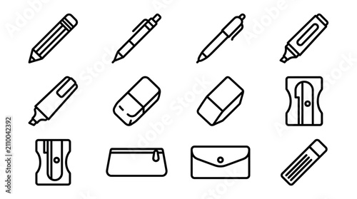 Obraz na plátně School Supplies Icons: Pencil, Pen, Eraser, Marker, Sharpener, Pencil Case, Stat