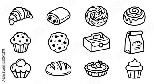 Bakery Icons Set: Croissant, Muffin, Cookie, Bread, Pastry - Vector Line Art