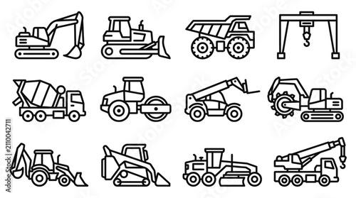 Fotografía Construction Equipment Icons: Excavator, Bulldozer, Dump Truck, Crane, Mixer, Ro