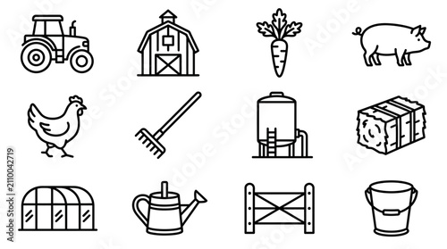 Canvastavla Farm Icons: Tractor, Barn, Pig, Carrot, Chicken, Rake, Silo, Hay Bale, Greenhous