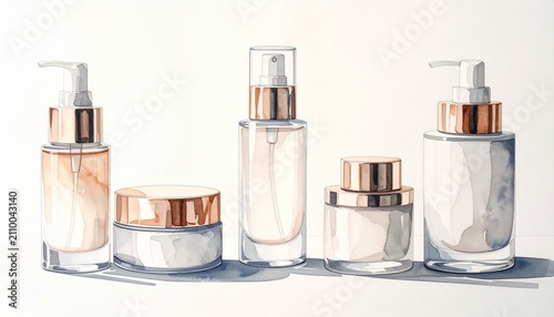 Clear glass milk bottles with metal caps arranged on white surface.