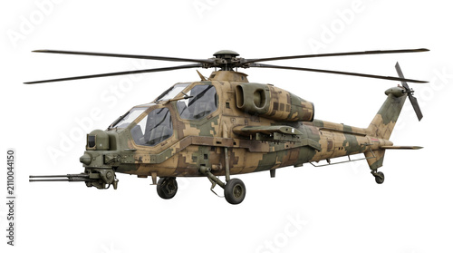 Принти на полотні Military attack helicopter with digital camouflage pattern isolated on transparent background png format