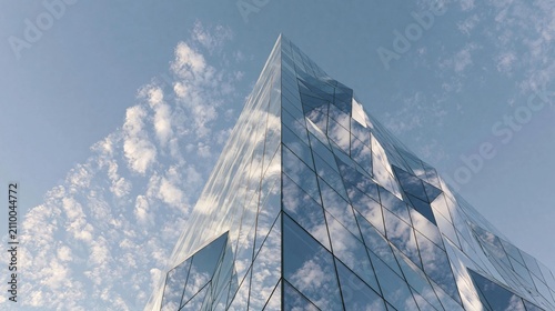 Photograph of a modern skyscraper with a triangular shape. the building is made up of multiple levels, with the top level being the tallest and the bottom level being a smaller one.