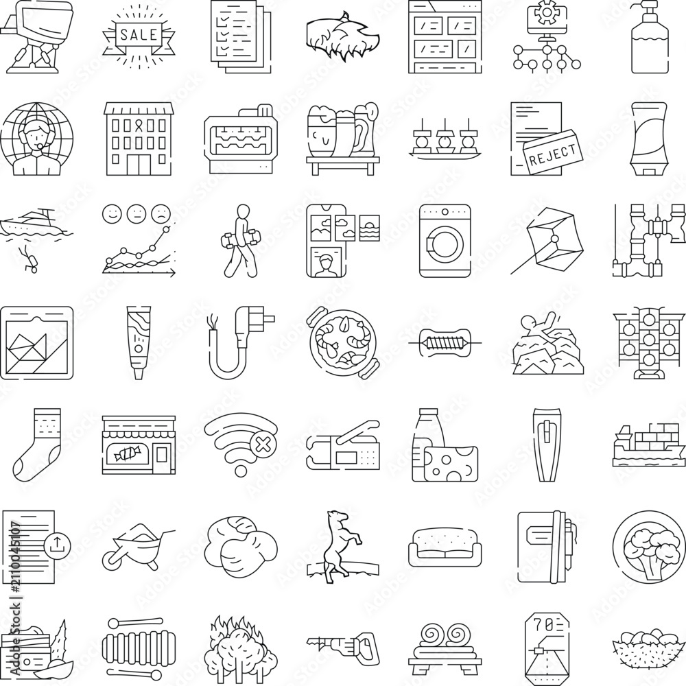 Fototapeta premium Collection of conceptual thin line icons illustrating various aspects of business, technology, everyday life, food, nature, and hobbies on a clean white background