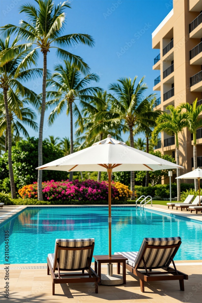 Obraz premium Luxurious resort pool area with palm trees. Lounge chairs and umbrellas await by blue water. Modern hotel building stands nearby. Sunny day paradise.