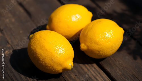 Three Fresh Yellow Lemons on Rustic Wooden Table in Sunlight – Citrus Fruit Close-Up