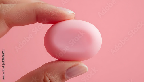 Hand Holding Smooth Pink Oval Skincare Bar Against Pink Background – Beauty and Cosmetic Product Concept