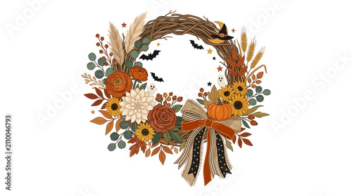 Rustic Halloween wreath vector with autumn flowers and bats, fall floral grapevine garland, spooky harvest door decoration with pumpkins and sunflowers