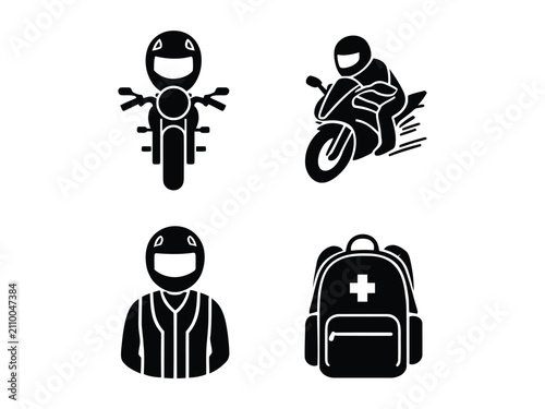 Set of black silhouette icons featuring a motorcycle rider in gear, racing bike, biker helmet, and emergency first aid medical backpack