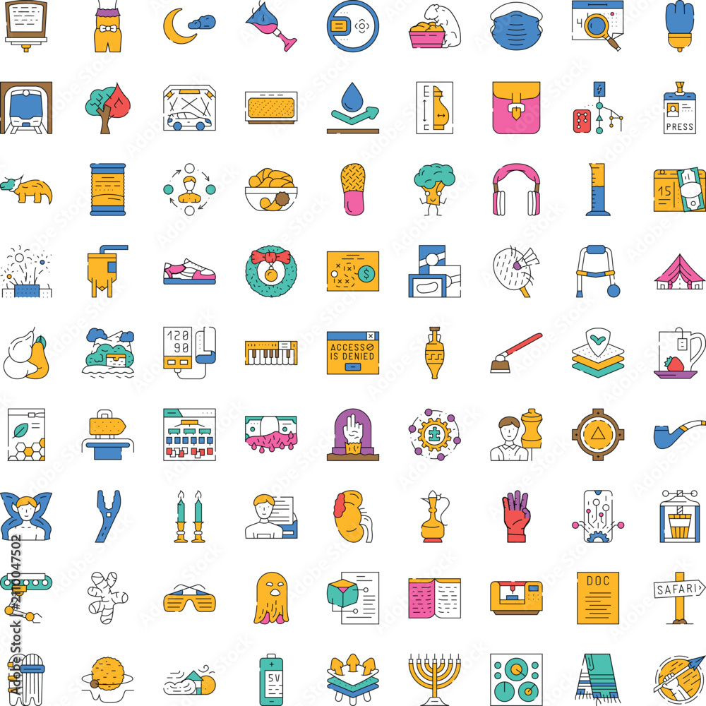 Fototapeta premium Diverse collection of colorful line art icons featuring various common objects, abstract concepts, professional tools, and everyday items, ideal for web, print, and application design
