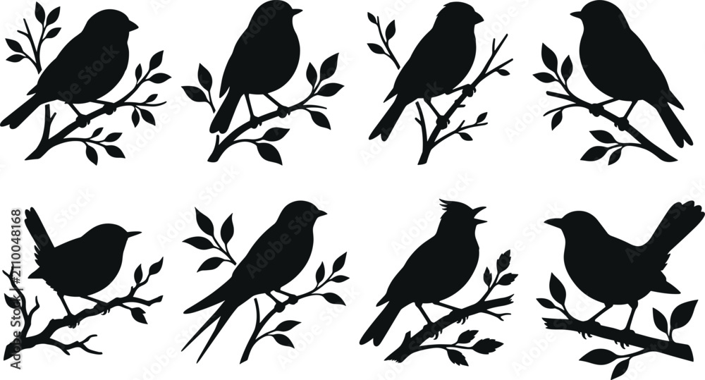 Fototapeta premium Black bird silhouettes perched on branches with leaves showing natural poses and diverse species