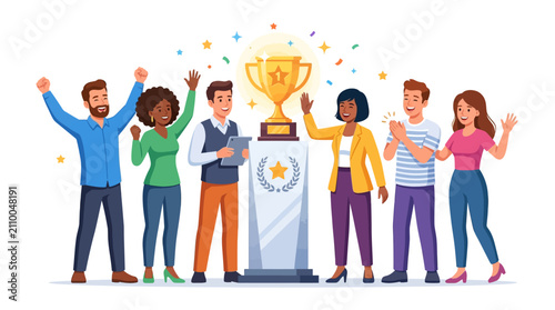 Team Celebration: Diverse Group Cheers Trophy Win, Success and Achievement Banner