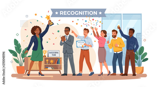 Team Celebration: Diverse Group Wins Award, Rejoices with Trophy and Confetti
