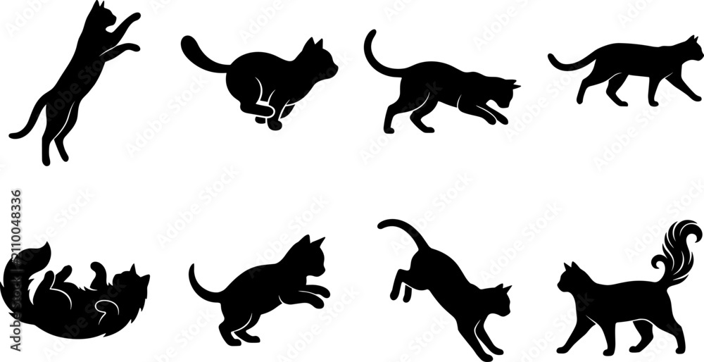 Fototapeta premium Black cat silhouettes in dynamic poses showing feline motion, agility, and playful animal behavior for creative vector design